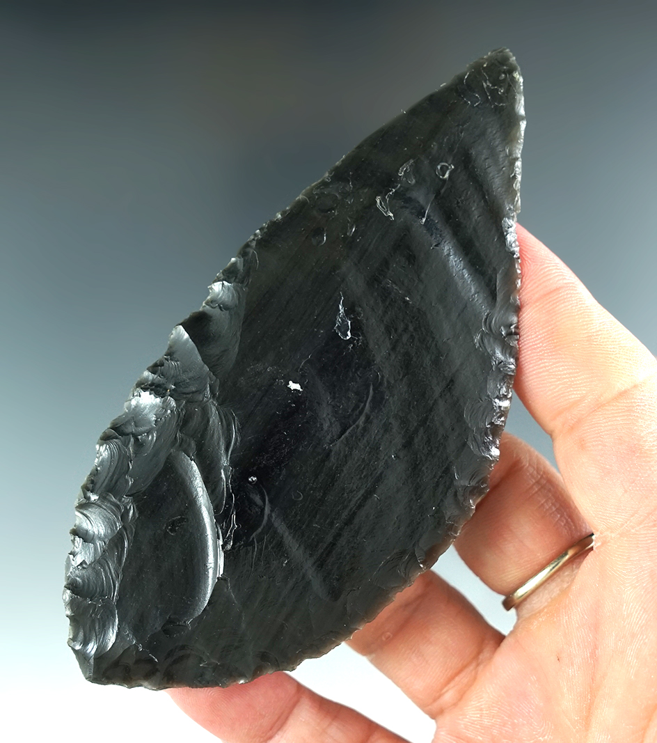 4 3/8" Early Leaf Knife made from black Obsidian. Found in Harney Co., Oregon. Rogers COA.