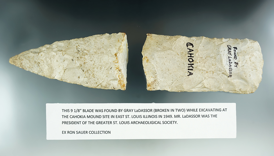 9 1/8" Blade was found by LaDassor in pieces while excavating at the Cahokia Mound in 1949.
