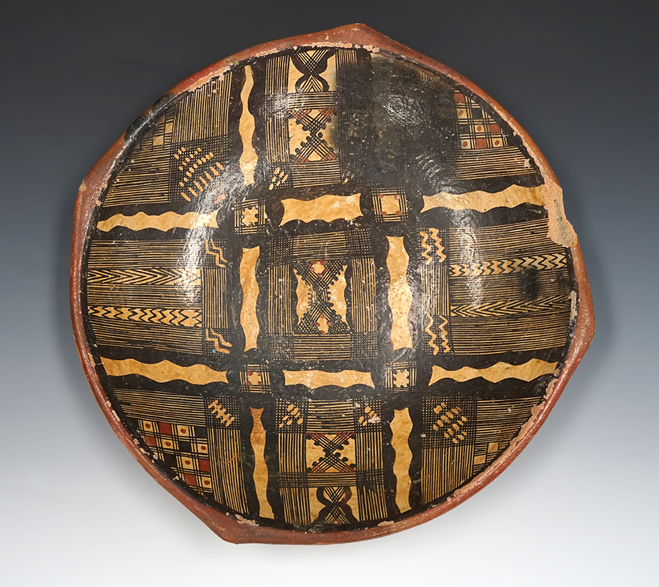 Large 18" diameter Berber pottery bowl from Morocco. Some wear and chipping to rim.