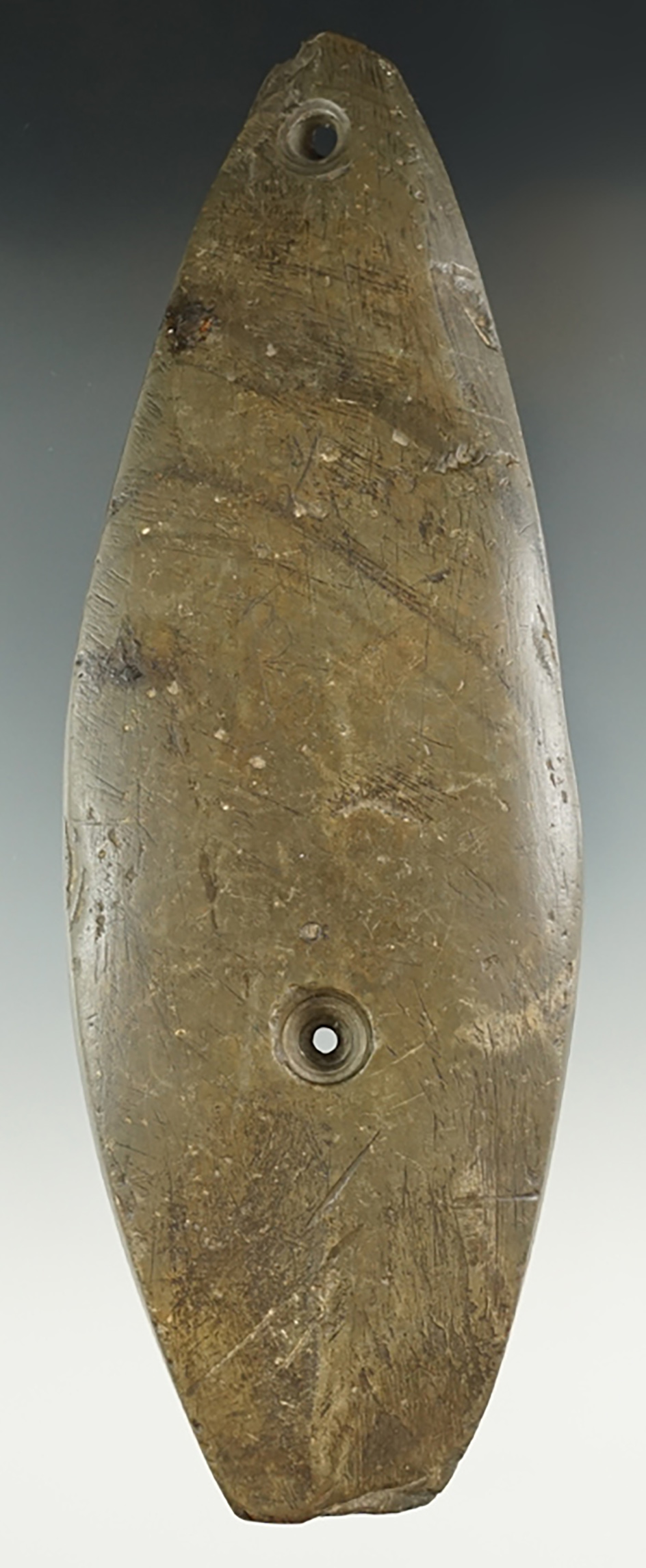 6 7/16" Glacial Kame Sandal Sole Gorget found in Shelby Co., Ohio. Ex. Archie Diller - Bennett COA.