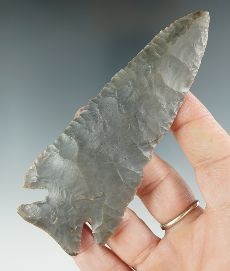 4 7/16" Lost Lake made from gray flint, modern rechipping to one blade edge, Kentucky. COA.