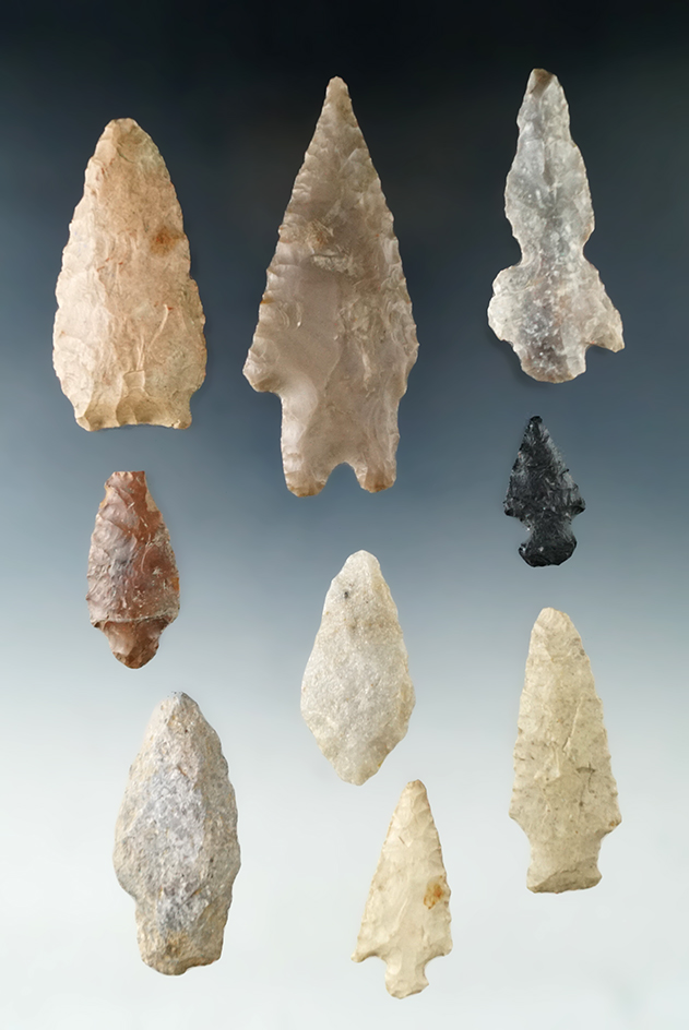 Set of nine arrowheads found in Texas, largest is 3 3/16".