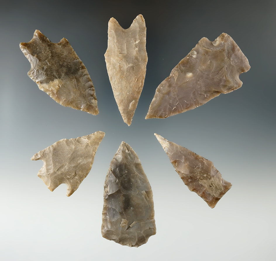 Group of six assorted points and Knives found in Texas, largest is 2 5/8".