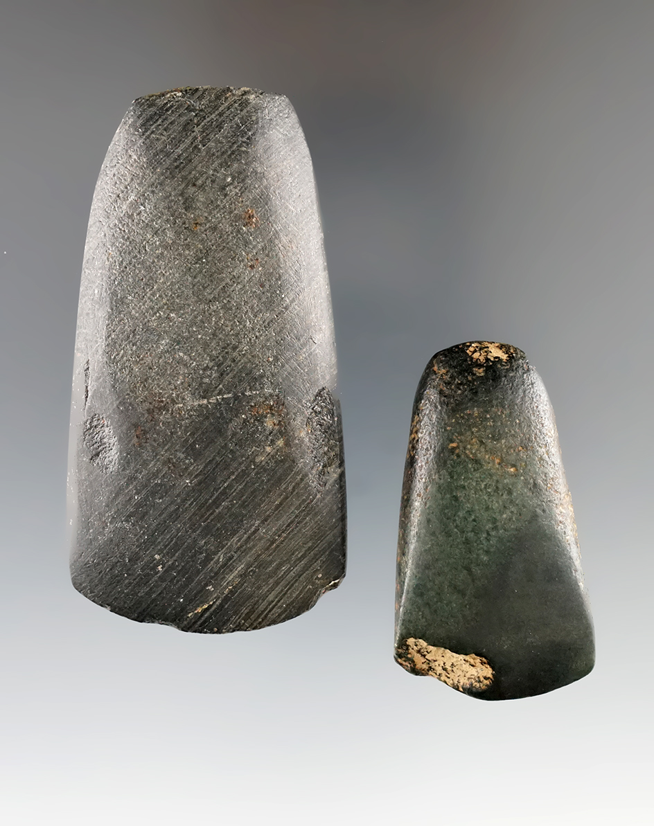 Pair of Adena stone tools including a 2 11/16" Adze and a 1 3/4" miniature Celt. Found in Ohio.