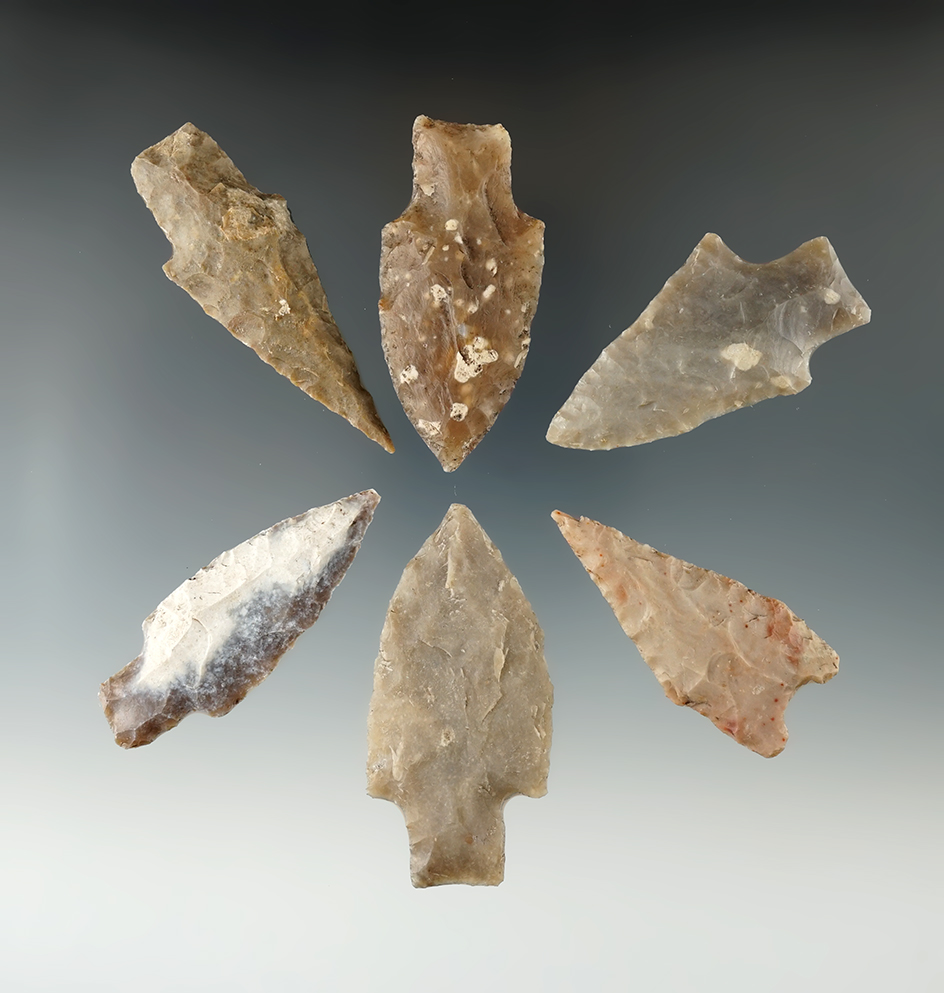 Set of six assorted Texas points, largest is 2 9/16".