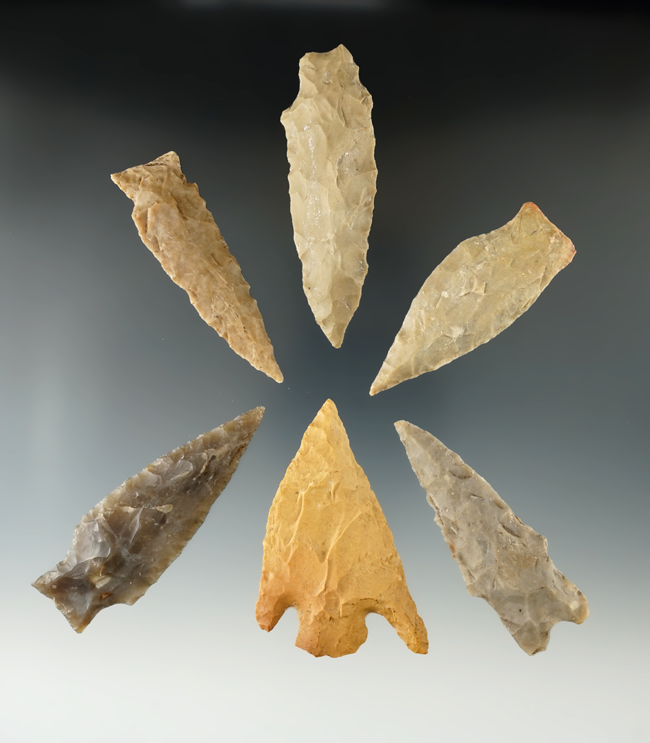 Group of six assorted points and Knives found in Texas, largest is 2 15/16".