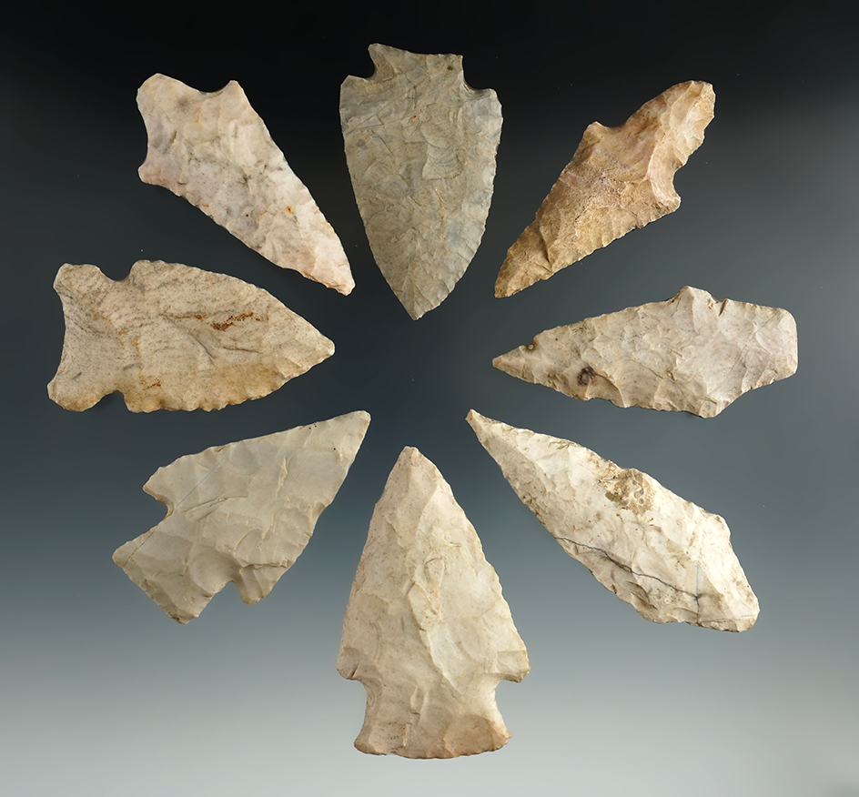 Group of eight assorted Missouri arrowheads in nice condition, largest is 3".