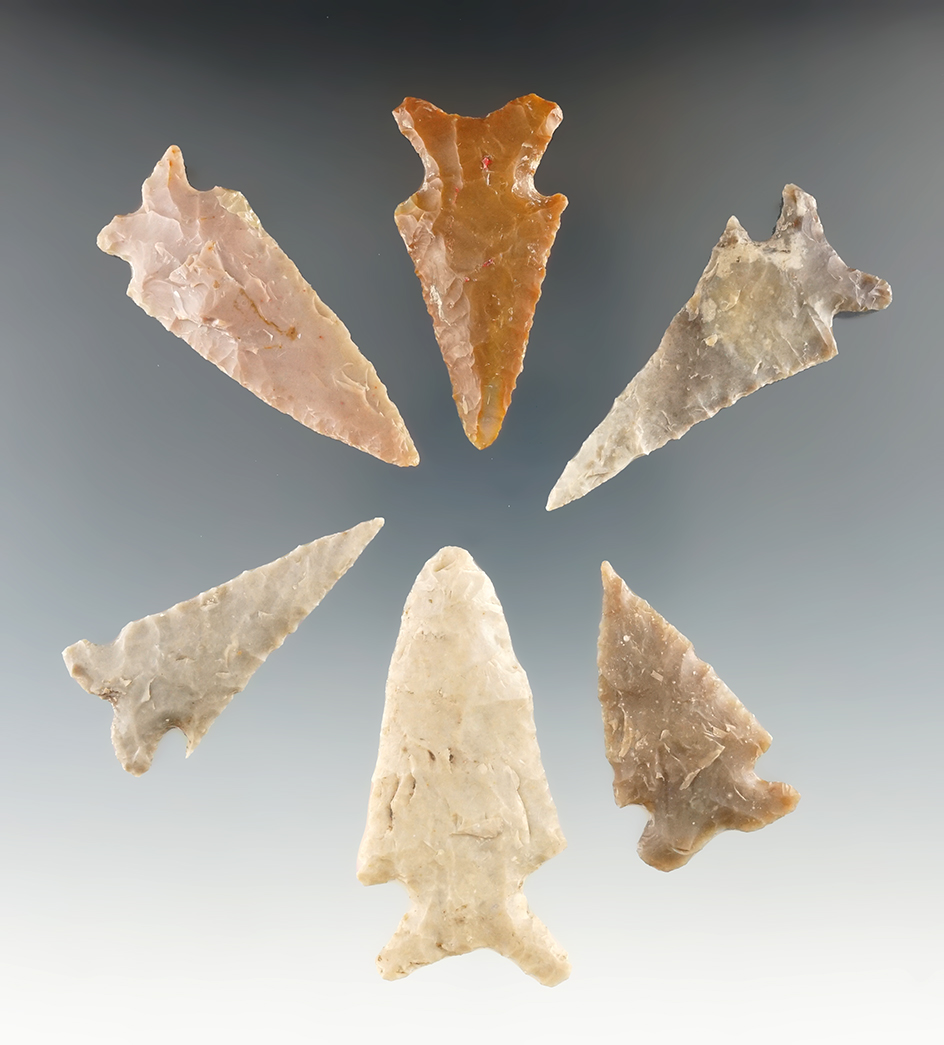 Group of six Texas Frio points, largest is 2 5/16".