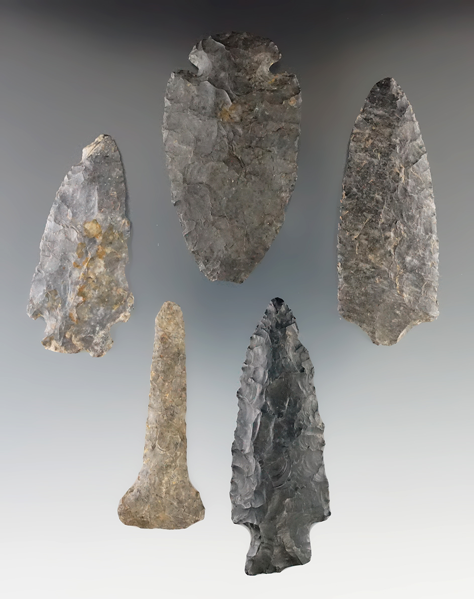 Set of three Archaic Knives and a Flint Drill, largest is a 2 3/4" Dovetail.