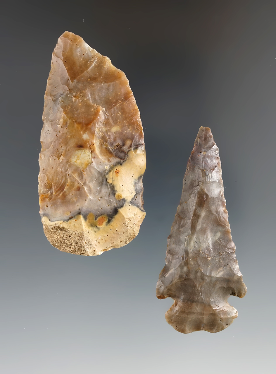 Pair of Sonora Flint relics including a 2 7/16" Archaic Beveled Dovetail and a Paleo Uniface Blade.
