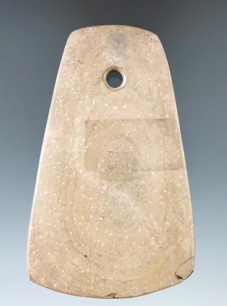 4" Adena Trapezoidal Pendant made from multi-colored Banded Slate, found in Hardin Co., Ohio.
