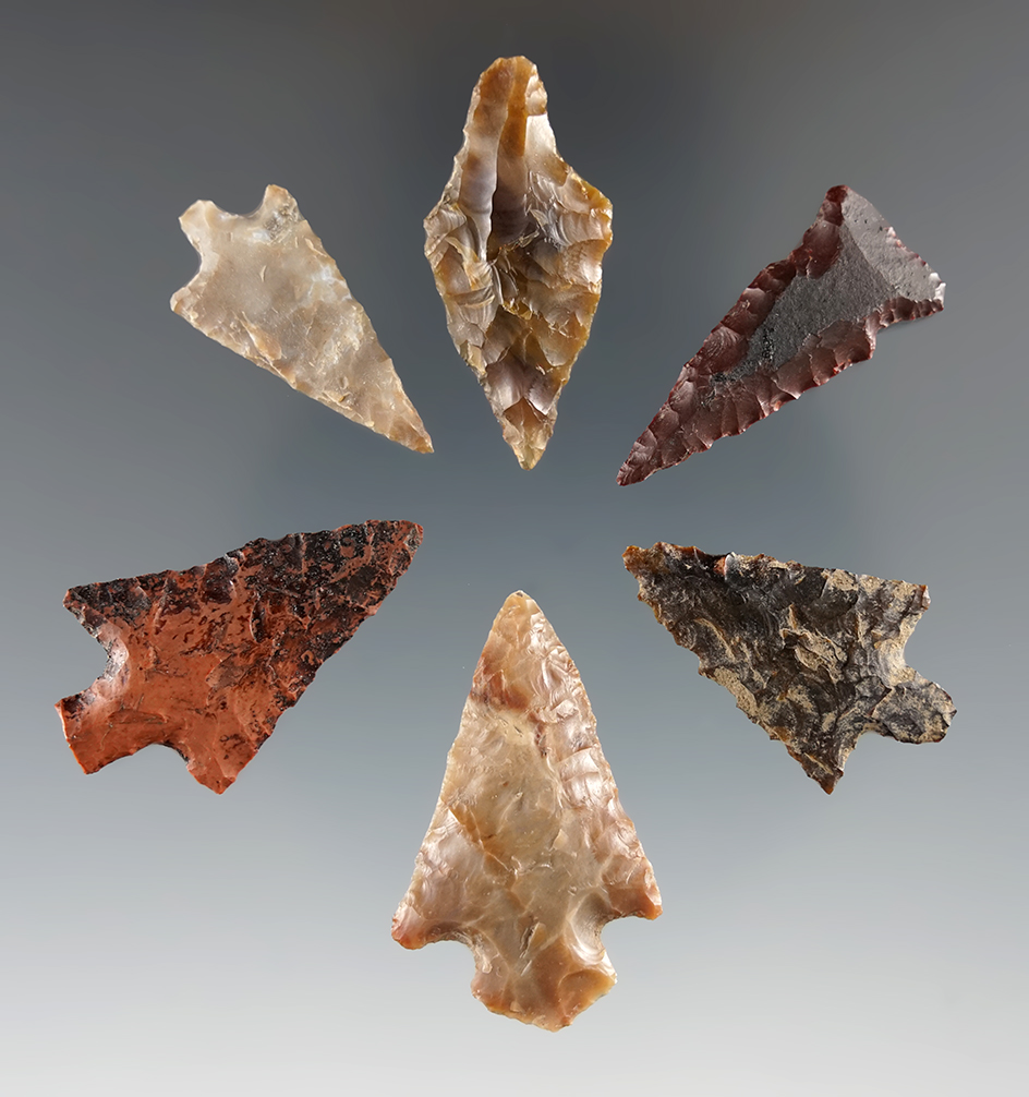 Set of six Columbia River arrowheads, largest is 1 3/8".