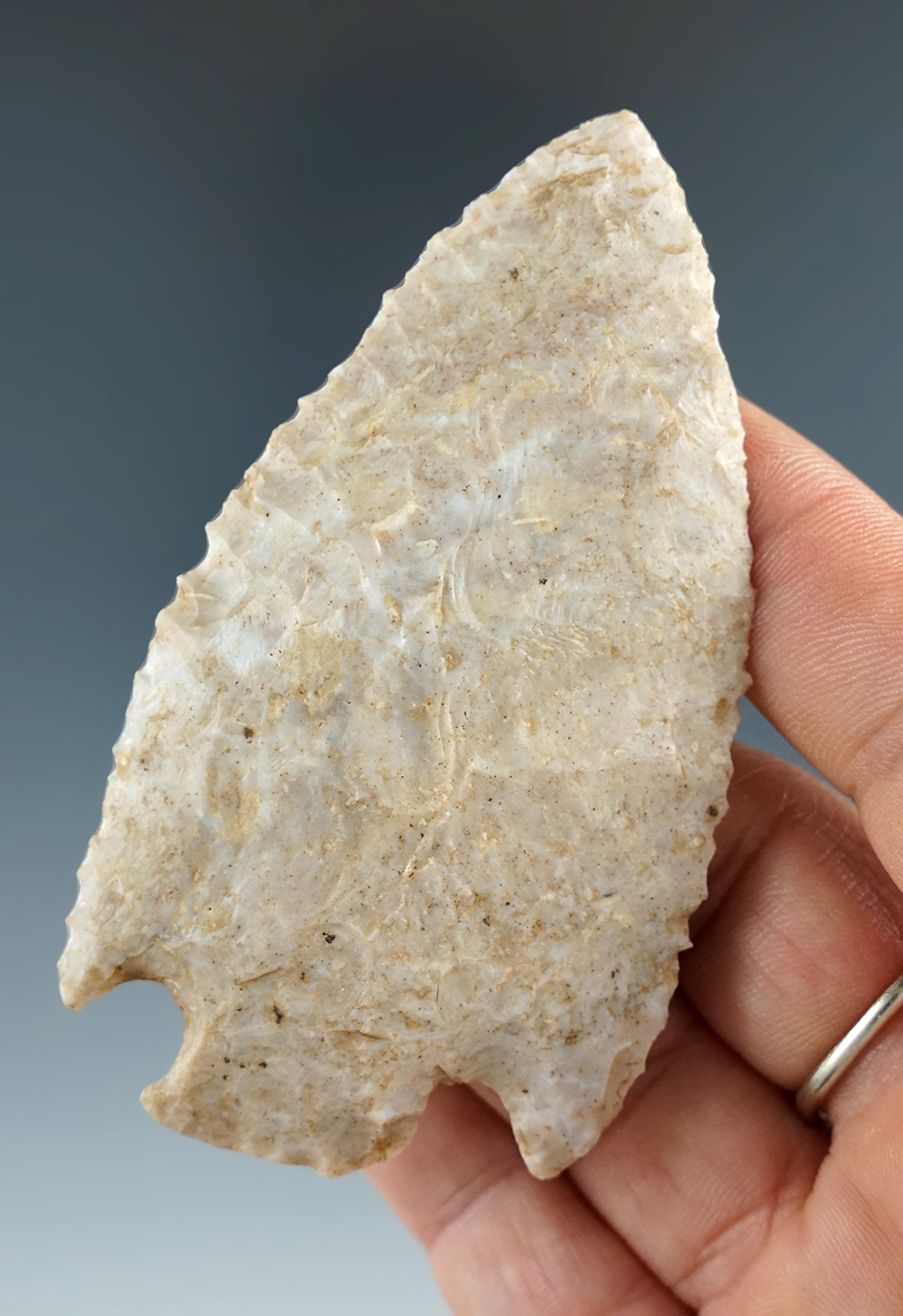 Thin and well flaked 3 3/16" Cornernotch with excellent serrations found in Mercer Co., Kentucky