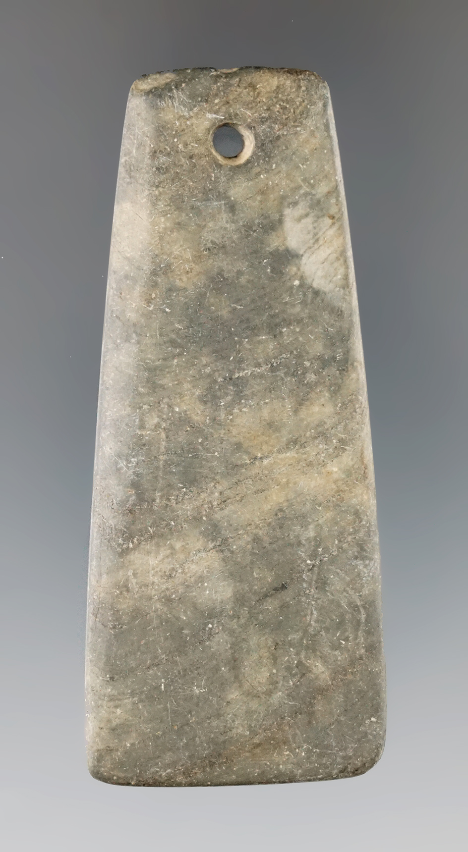 3 3/16" Hopewell Trapezoidal Pendant made from Mottled cream and gray Slate, found in Ohio.