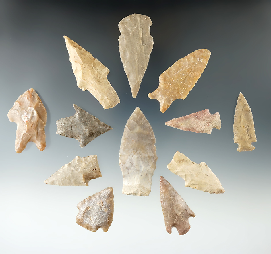 Set of 12 assorted Texas arrowheads, largest is 2 3/8".