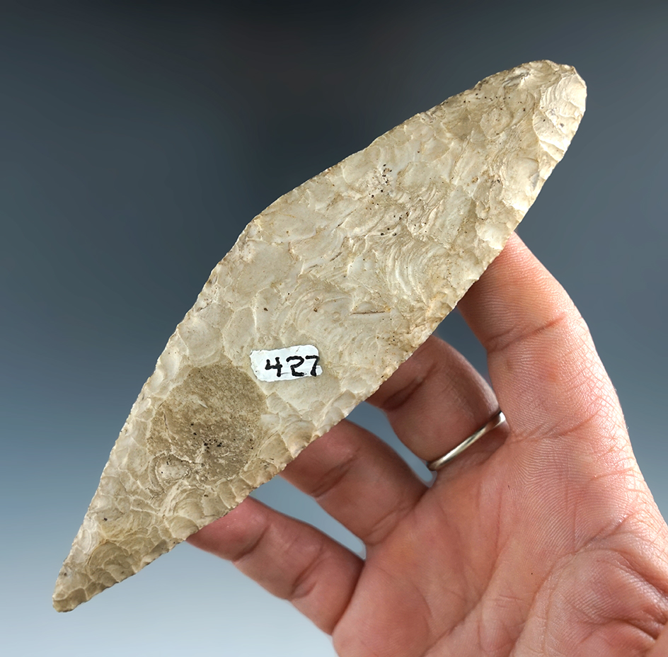 Large 5 1/2" heavily patinated curved Knife found in 1945 in Missouri.