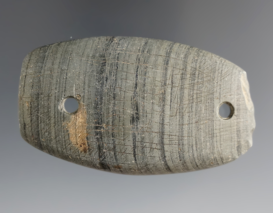 2 3/4" banded slate Gorget with engravings on the surface found in Ohio. Ex. Hovan collection.