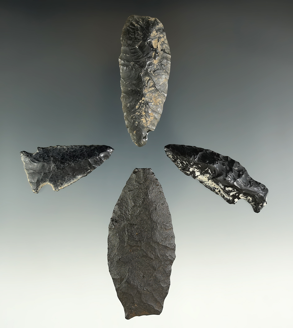 Four Oregon Obsidian points and knives, largest is 2 5/8".