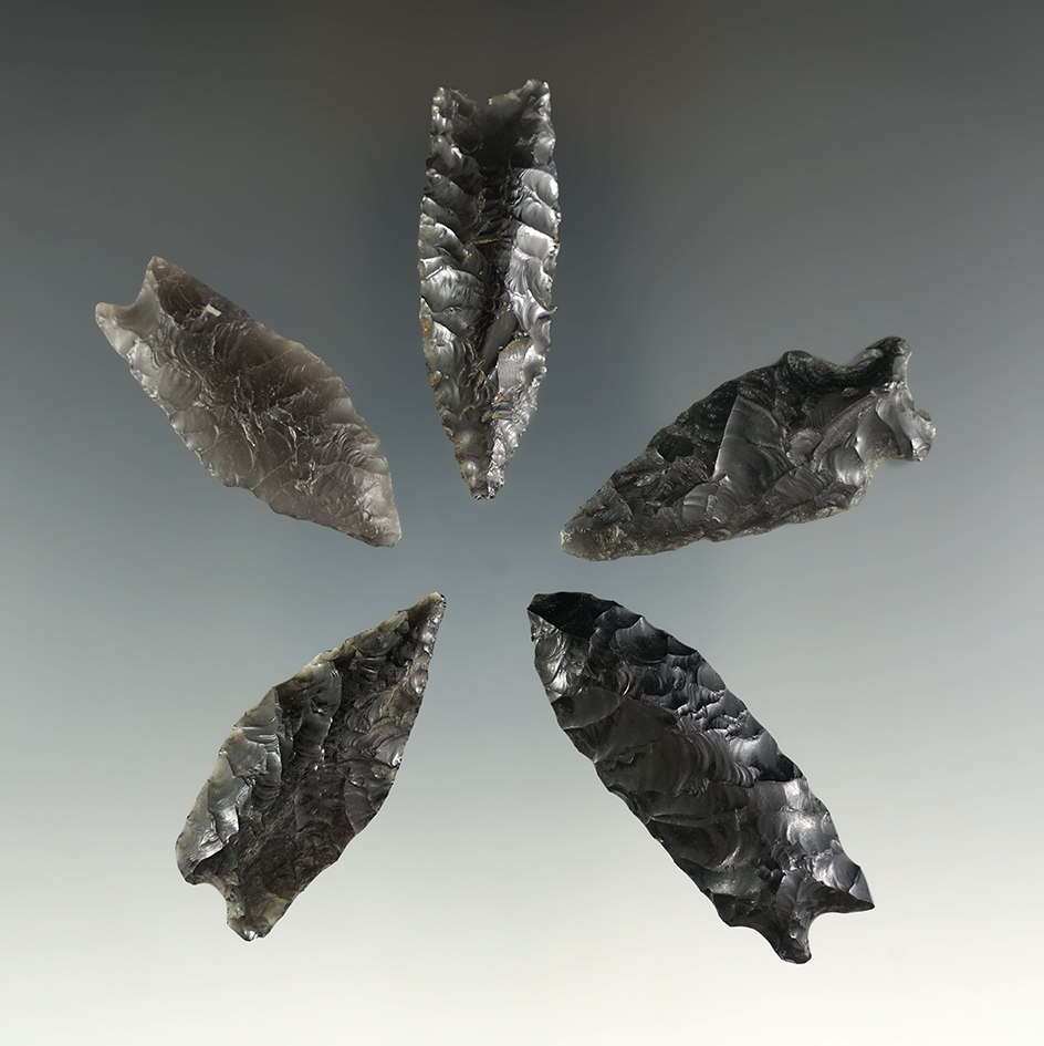 Set of five Obsidian points in nice condition, found in Oregon. Largest is 2".