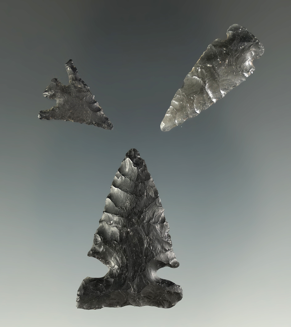 Set of three Obsidian points in excellent condition found near Burns, Oregon. Largest is 1 5/16".