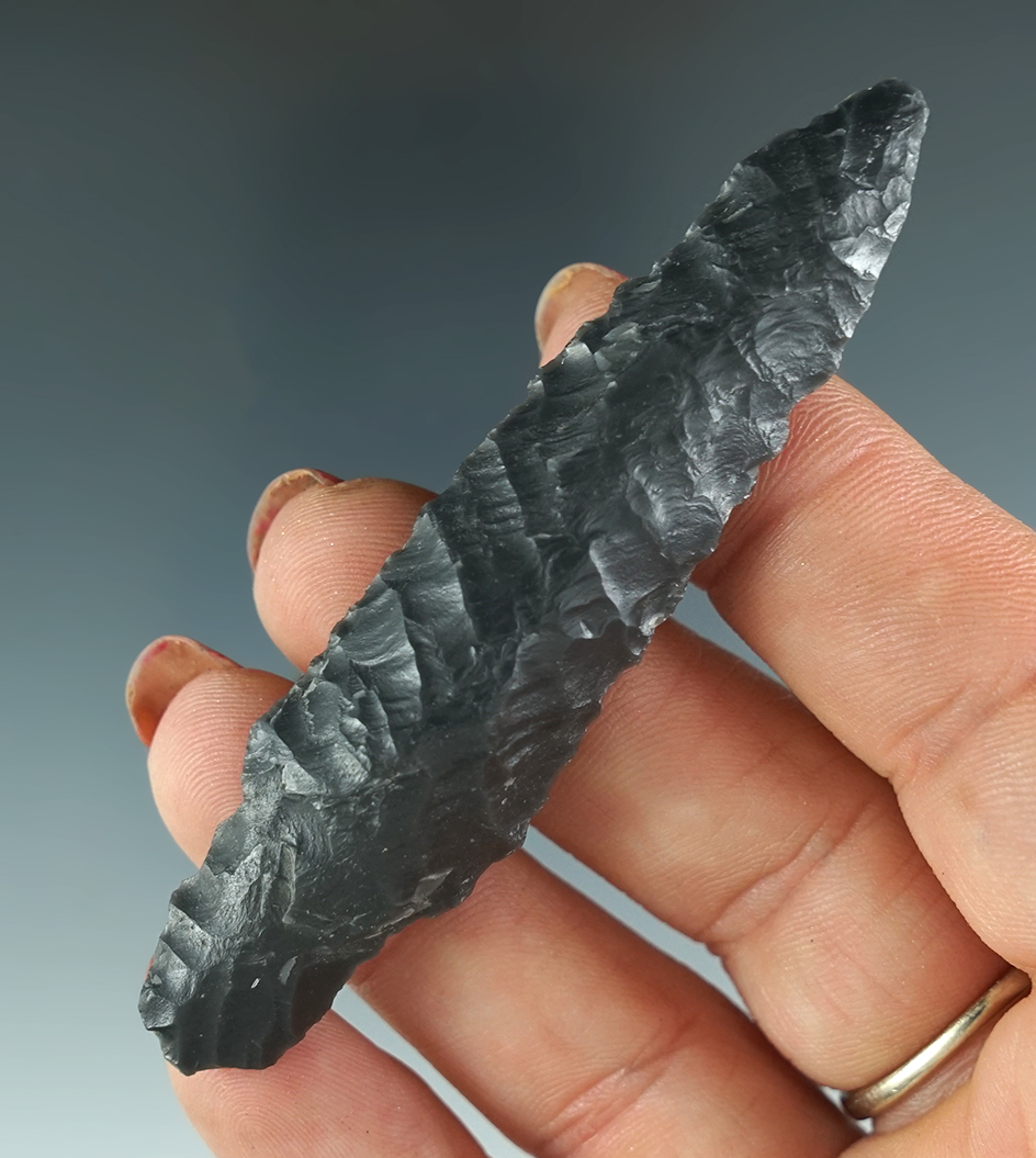 3 1/8" Parman made from gray Dacite. Found in Lake Co., Oregon, in nice condition.