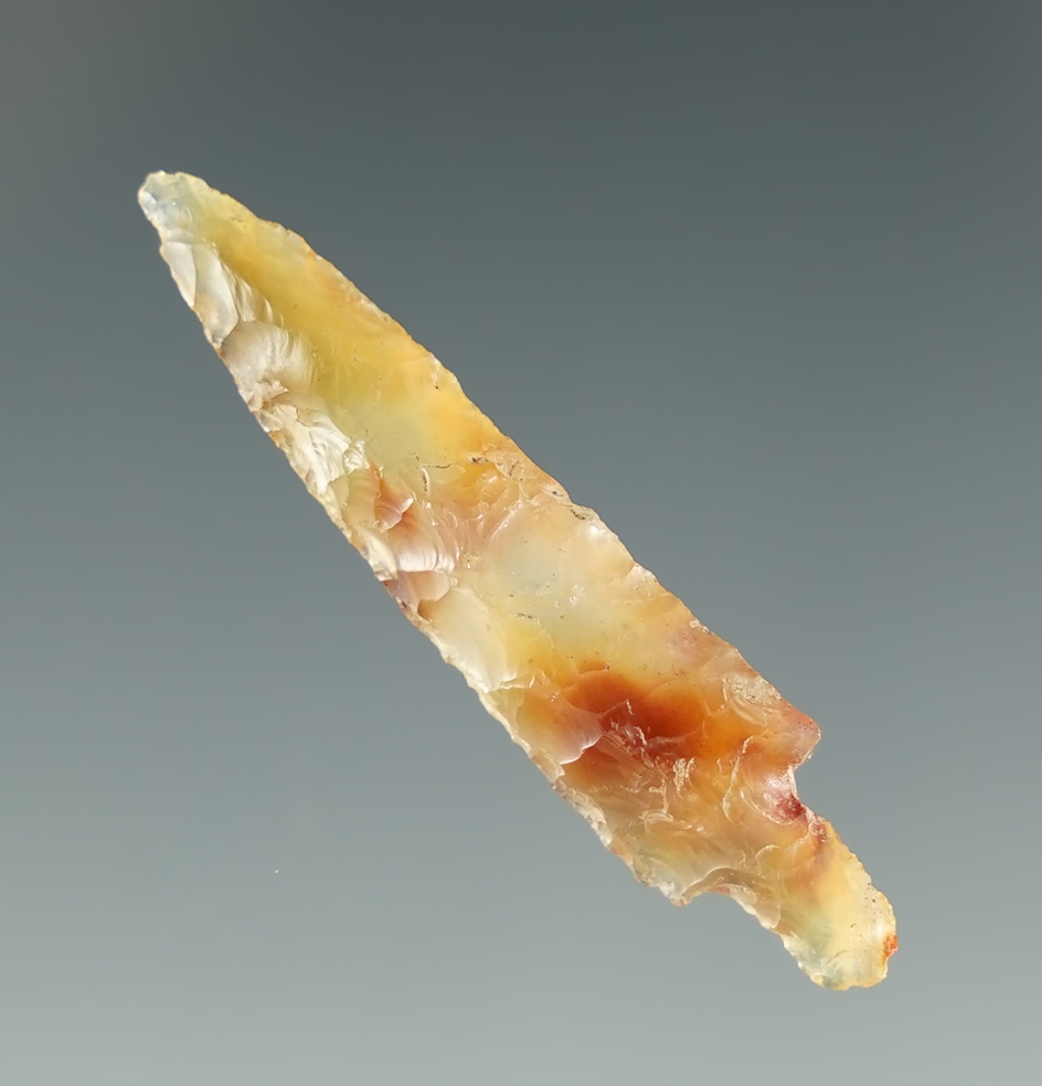 Exceptional! 1 3/8" Dagger that is nicely styled made from highly translucent multi-colored Agate.
