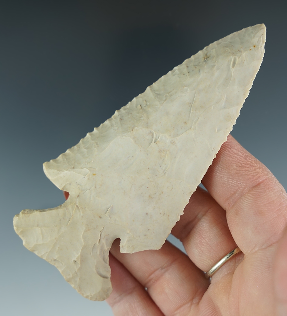 4 1/16" Archaic Thebes Bevel with a wide base that is thin for size.  Found in Illinois.