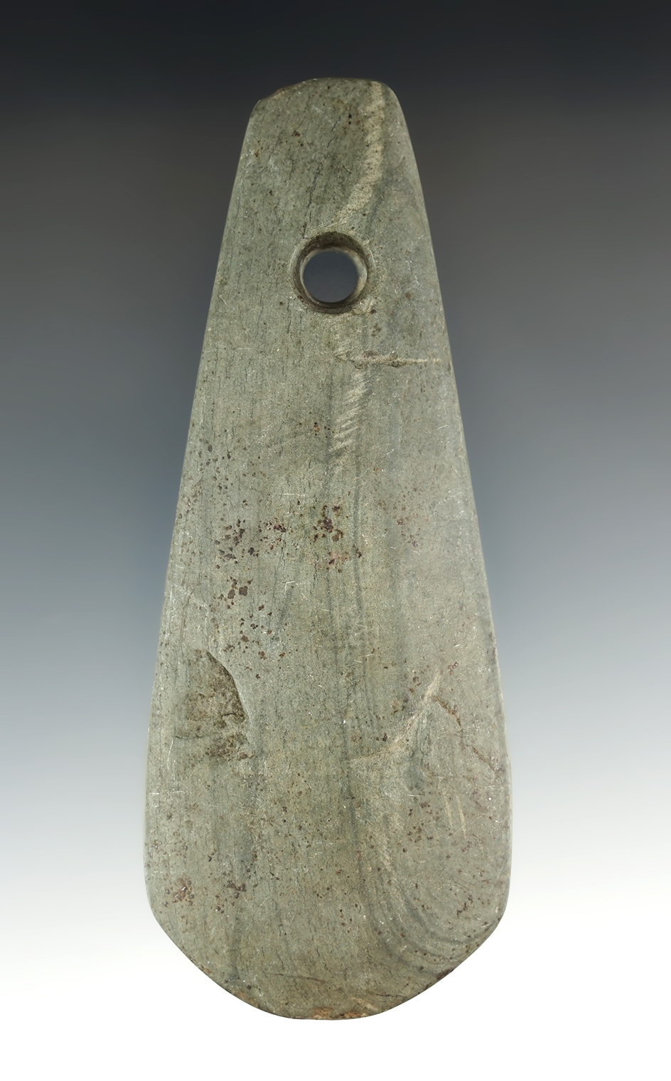 4 5/8" Adena Teardrop Pendant made from green and black Slate. Franklin Co., Ohio.