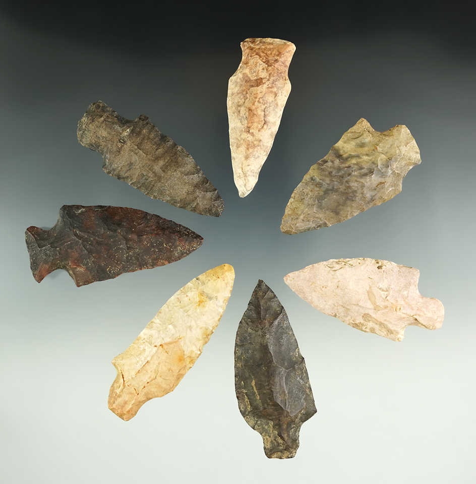Seven assorted Flint knives found in Tennessee, largest is 2 13/16".