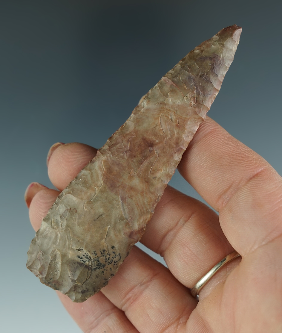 Thin and well styled 3 3/8" Multi-color Jasper Plateau Pentagonal Knife - Col. River, Umatilla, OR.