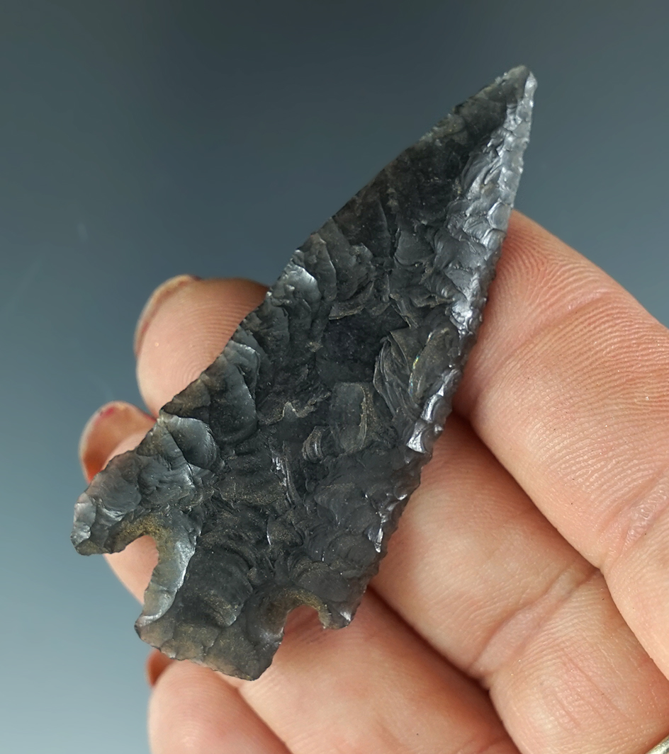 Nicely flaked and well patinated 2 3/16" Obsidian Stemmed Knife found in Oregon.