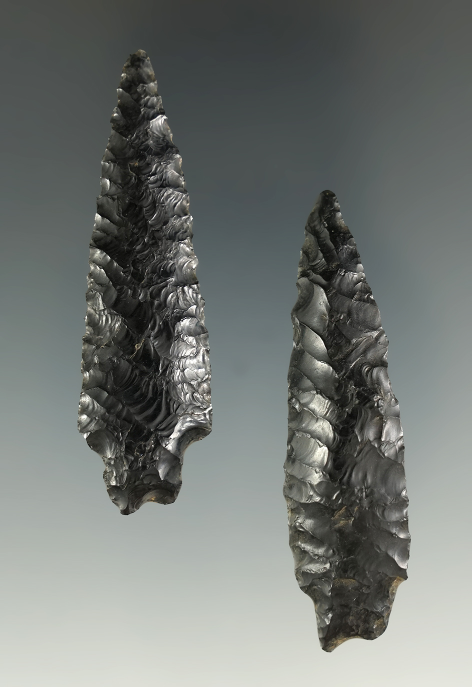 Nice pair of Obsidian points with excellent flaking found in Oregon, largest is 2 5/16".