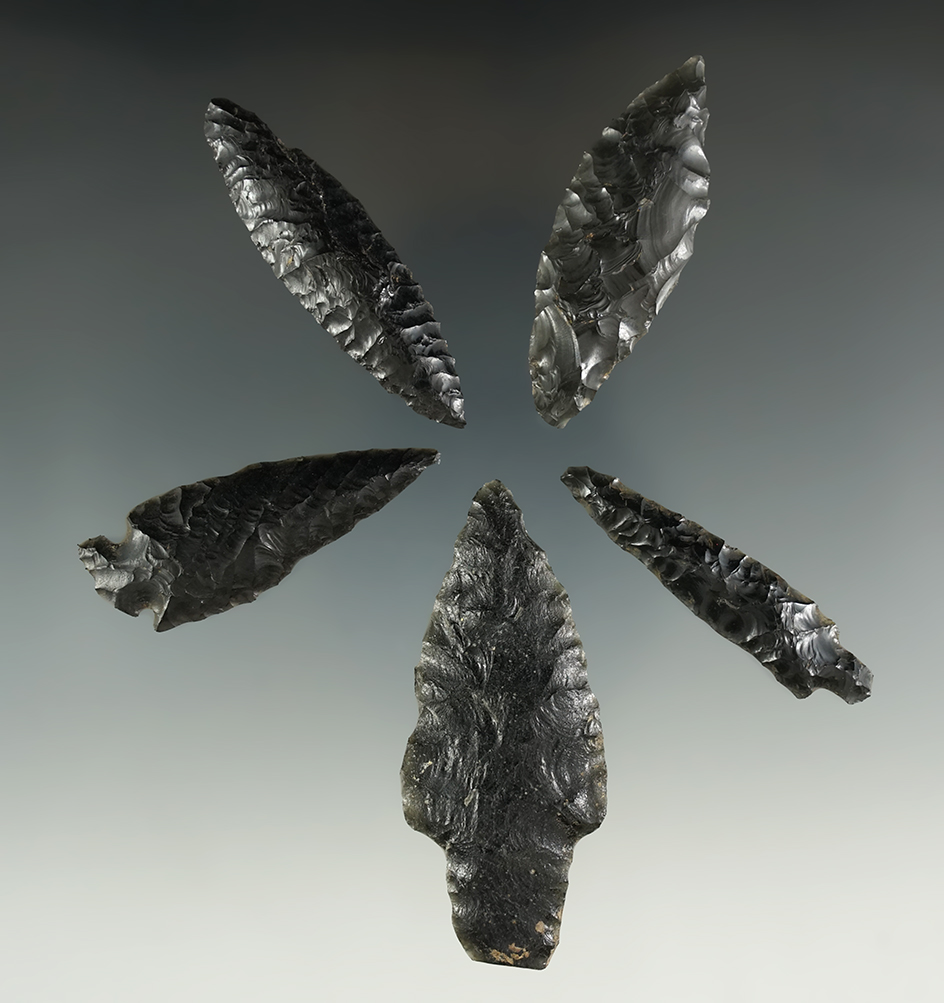 Five Obsidian points in nice condition found in Oregon, largest is 2 9/16".