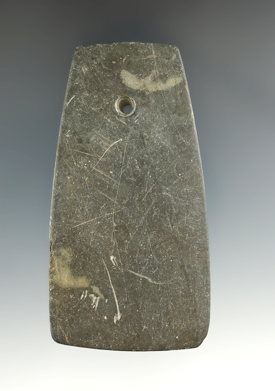 3 5/16" Hopewell Trapezoidal Pendant with a worn fringed top found I Marion Co., Ohio.