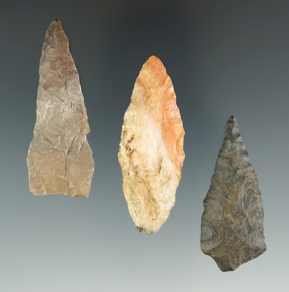Set of three flaked artifacts found in the Columbia River area - largest is 2 1/4".