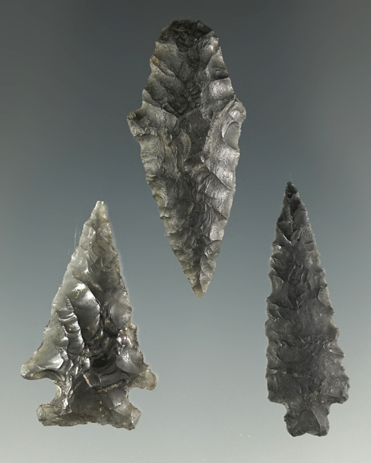 Three nice Obsidian arrowheads found in Oregon, largest is 1 1/2".