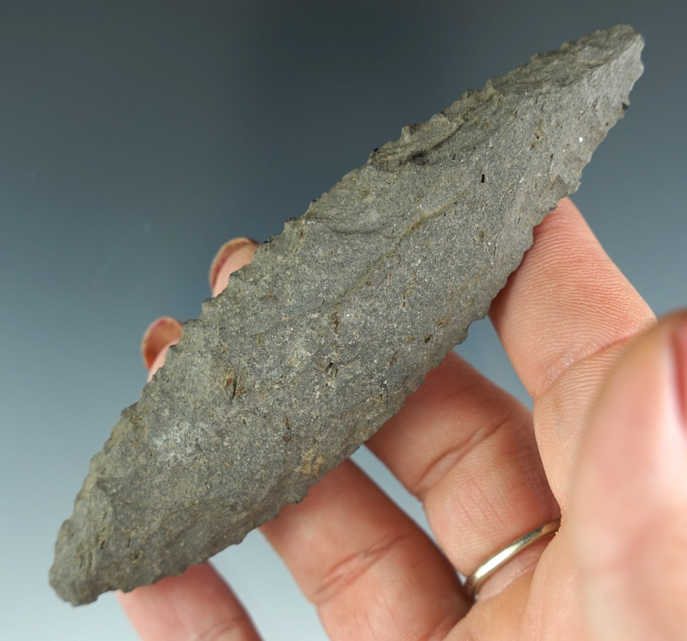 4 1/8" nicely serrated Kennewick Knife made from Basalt found in Oregon.