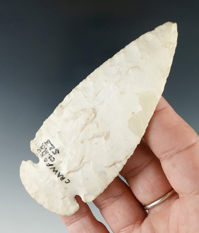 Thin and nicely flaked 3 13/16" Burlington chert Dovetail found in Crawford County Missouri.