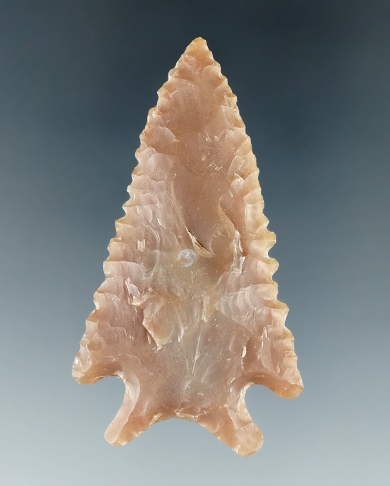 Excellent serrations on this 2 1/4" Carter Cave Flint cornernotch found in Kentucky.