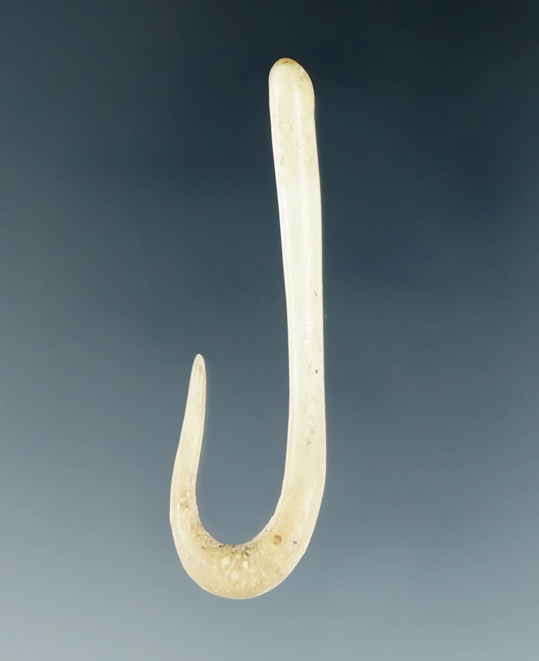 1 13/16" bone fishing hook found in Kentucky by Phil Estes. Ex. Gilmer Brush collection.