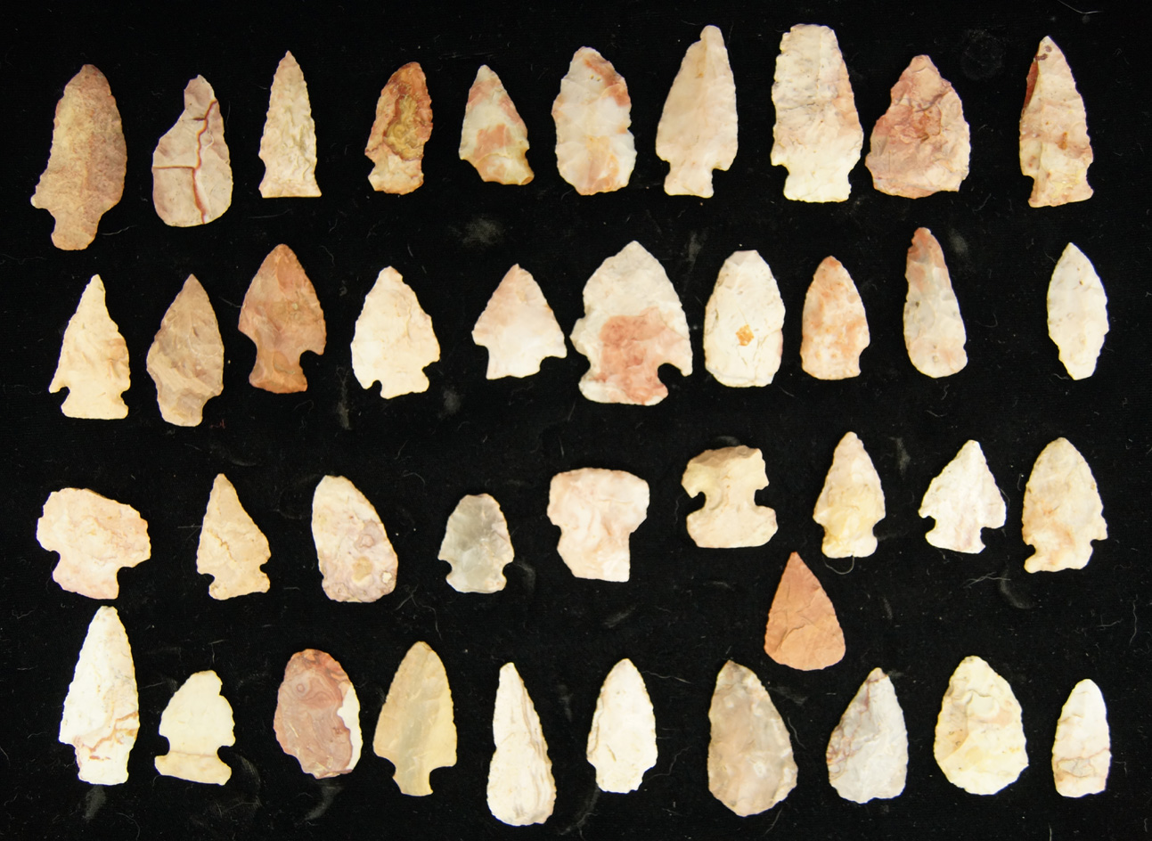 Group of 40 Colorful Flint Ridge Flint Arrowheads found in Ohio.