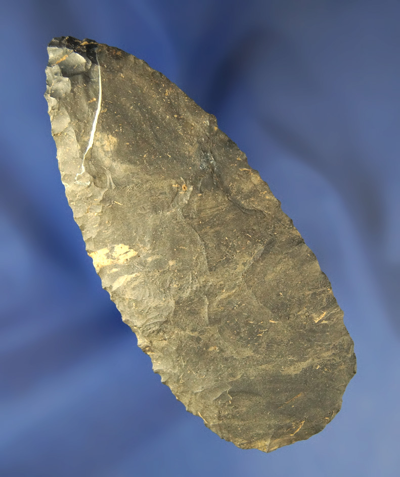Well flaked and nicely patinated 4 3/16" Coshocton Flint Blade found in Ohio.