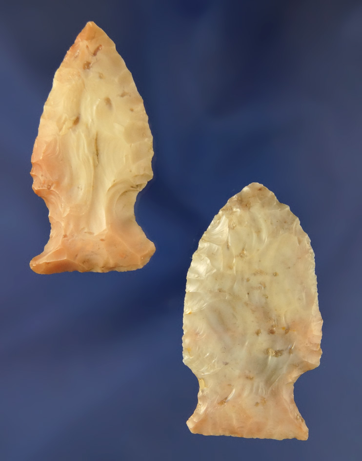 Pair of colorful Flint Ridge Flint Hopewell Arrowheads  found in Huron Co.,  Ohio. Largest is 1 7/8"