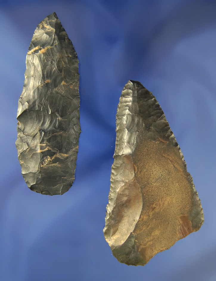 Pair of Coshocton Flint Paleo Knives found in Huron Co.,  Ohio. Largest is 3 7/16".