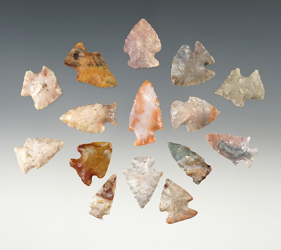 Set of colorful Flint Ridge Birdpoints found in Ohio. The largest is 1 1/8".