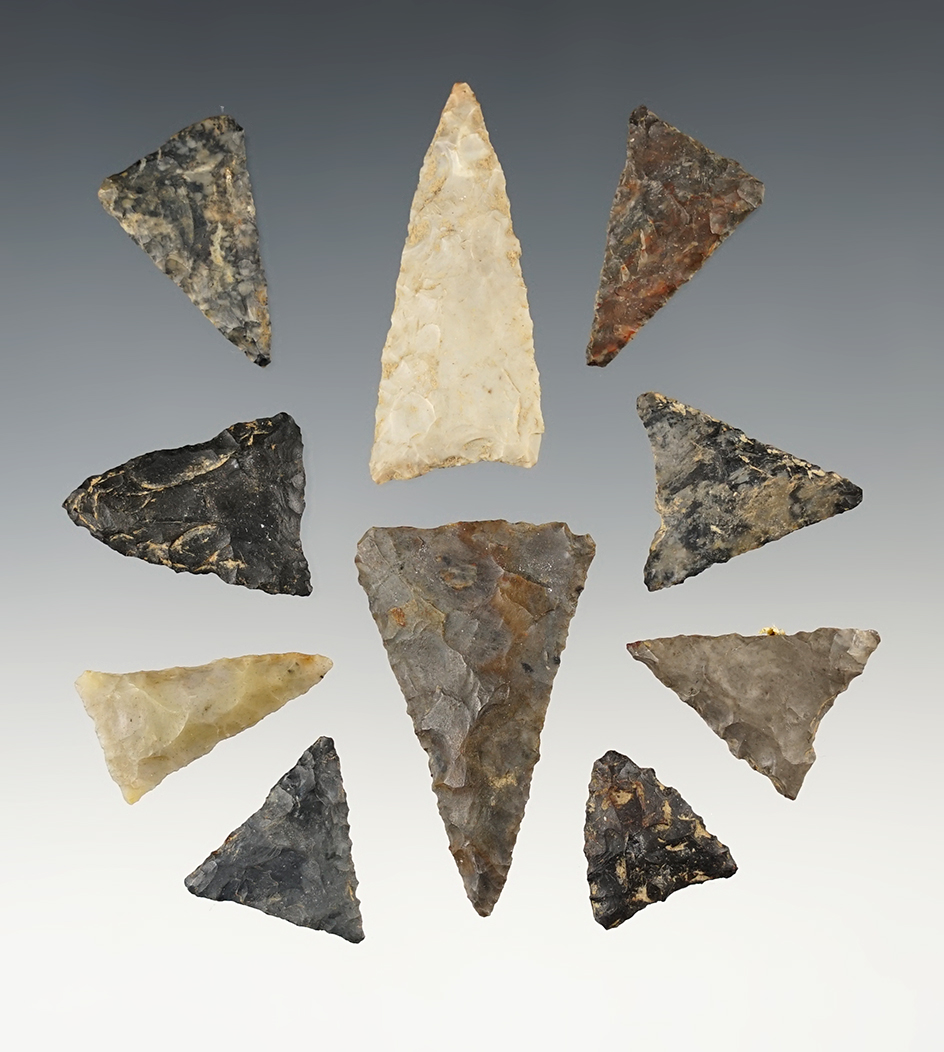 Set of 10 well made Triangle points found in Stark & Holmes Co., Ohio. The largest is 1 3/4".