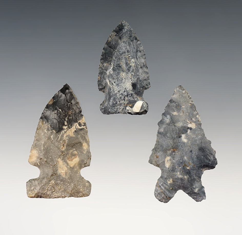 Set of 3 well made Archaic points found in Hancock Co., Ohio. The largest is 1 15/16".