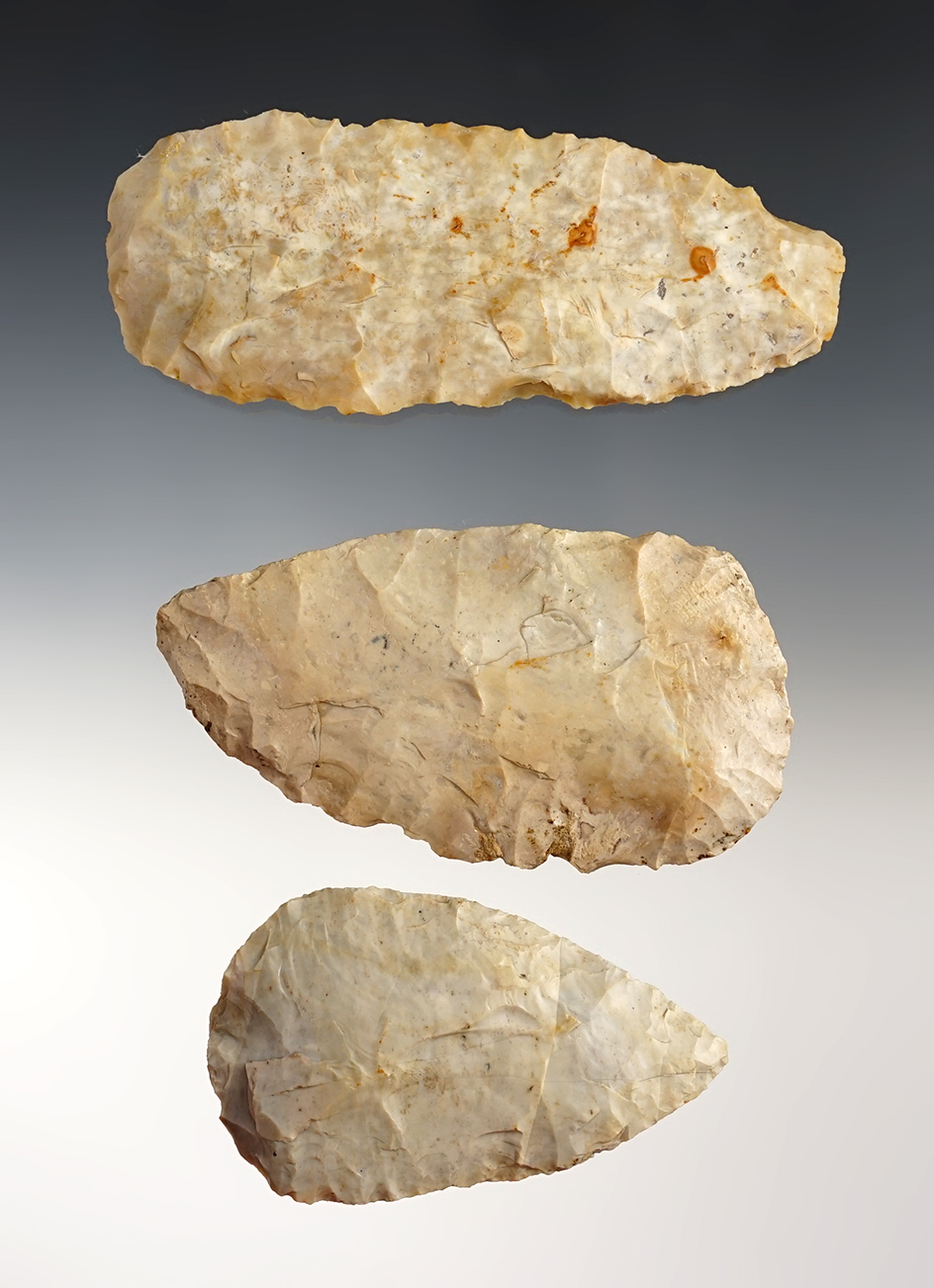 Set of 3 Ohio Blades made from Flint Ridge flint. The largest is 4 1/4".