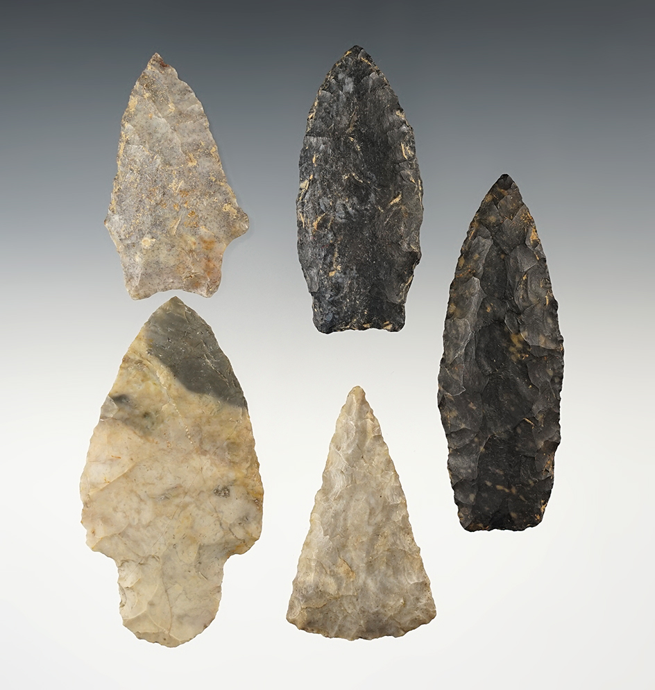 Set of 5 nice points found in Stark Co., Ohio. The largest is 3".