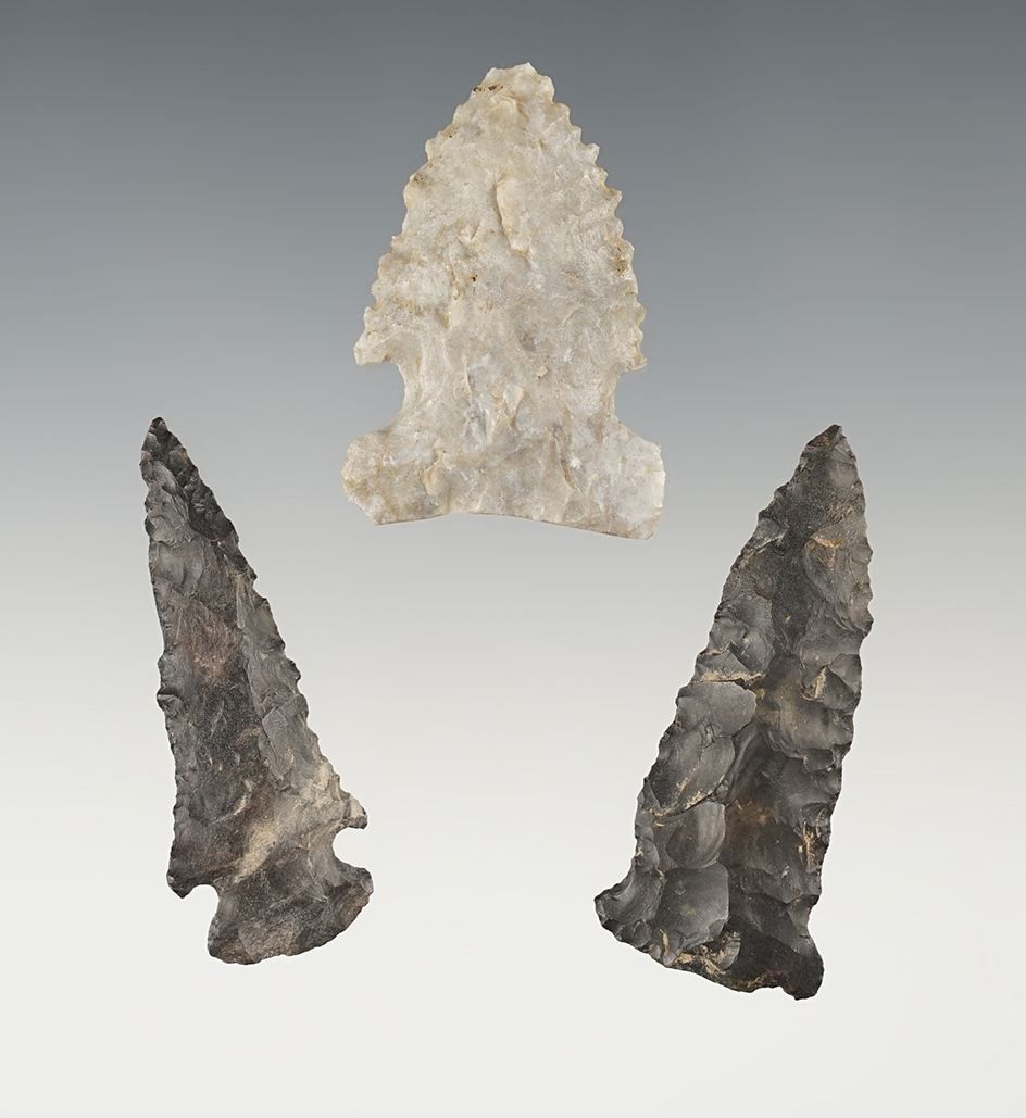 Set of 3 finely flaked points found in Stark Co., Ohio on the L. Wareel Farm. The largest is 2".